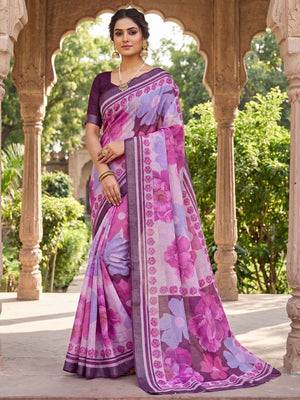 Graceful Purple Linen Saree with Blooming Floral Patterns - Image 1