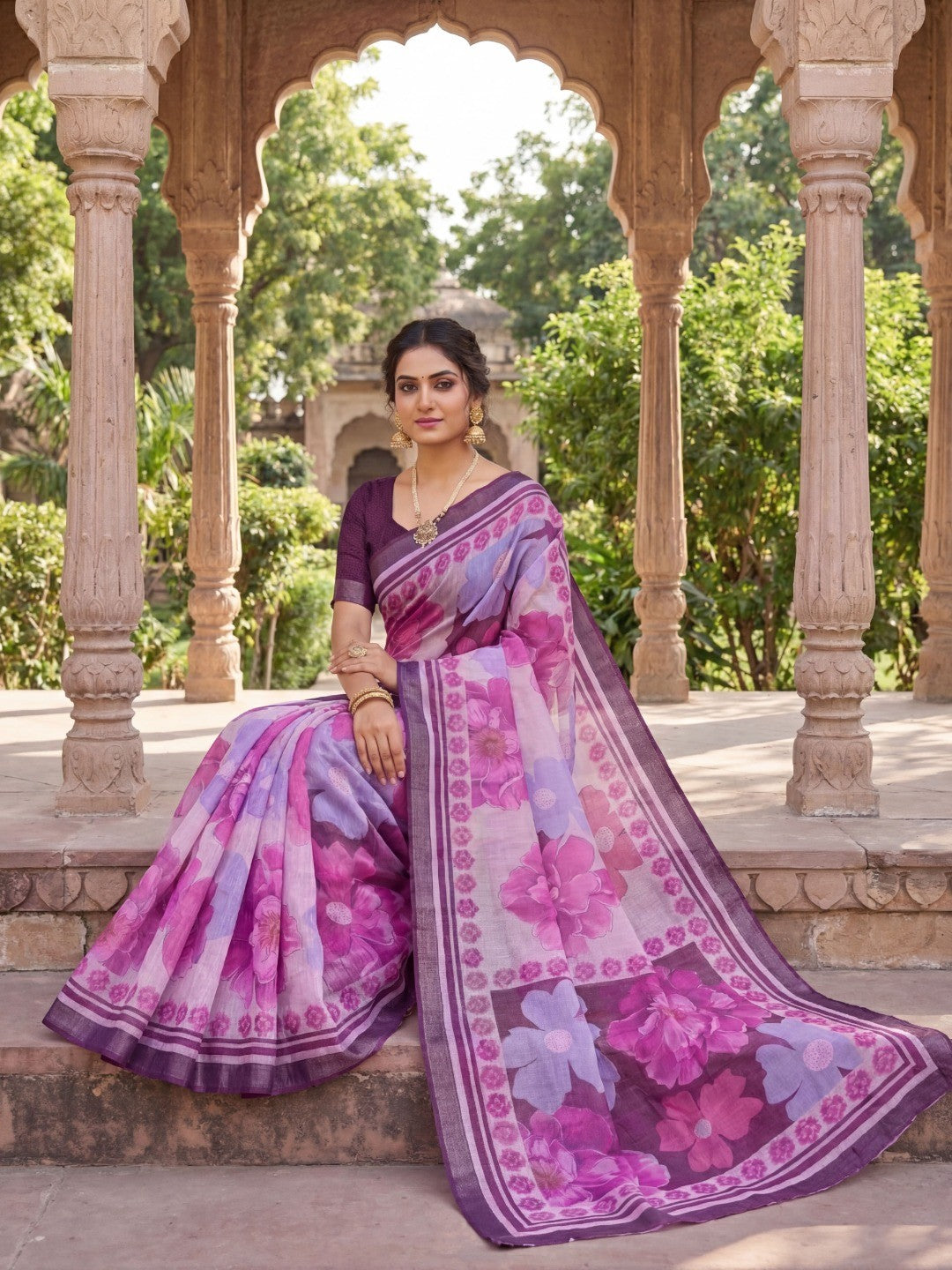 Graceful Purple Linen Saree with Blooming Floral Patterns - Image 4