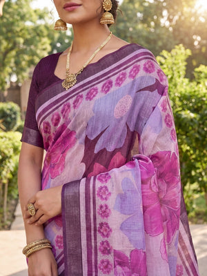 Graceful Purple Linen Saree with Blooming Floral Patterns - Image 2