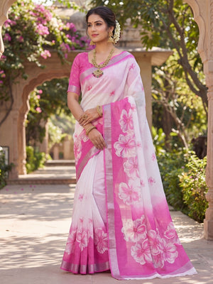 Elegant White & Pink Linen Saree with Floral Prints and Silver Border - Image 1