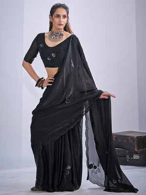 Elegant Black Satin Silk Saree With Stonework Combined With Cut Dana & Sequin Applic Design - Image 1