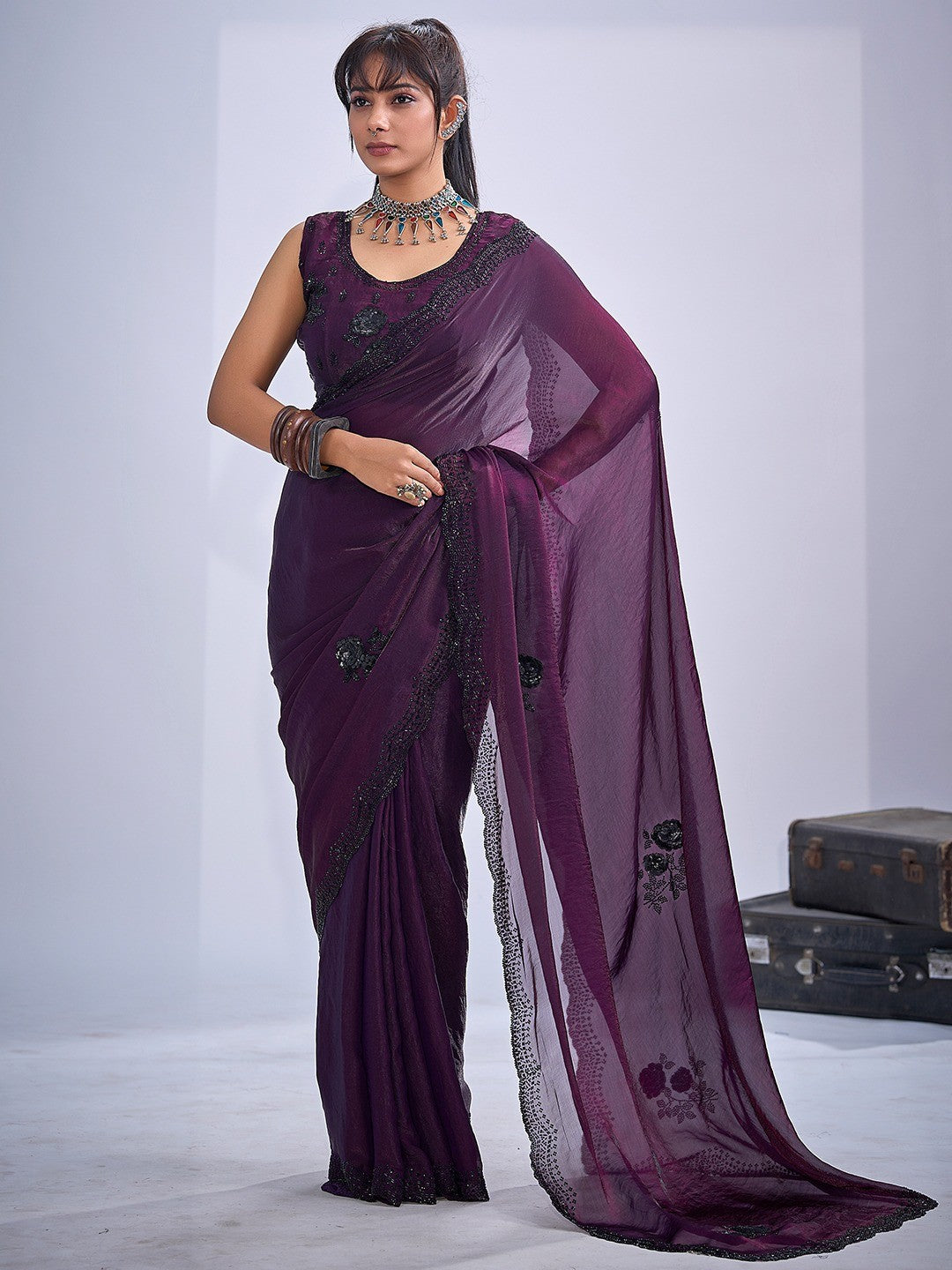 Elegant Wine Satin Silk Saree With Stonework Combined With Cut Dana & Sequin Applic Design - Image 1