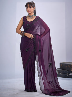 Elegant Wine Satin Silk Saree With Stonework Combined With Cut Dana & Sequin Applic Design - Image 1