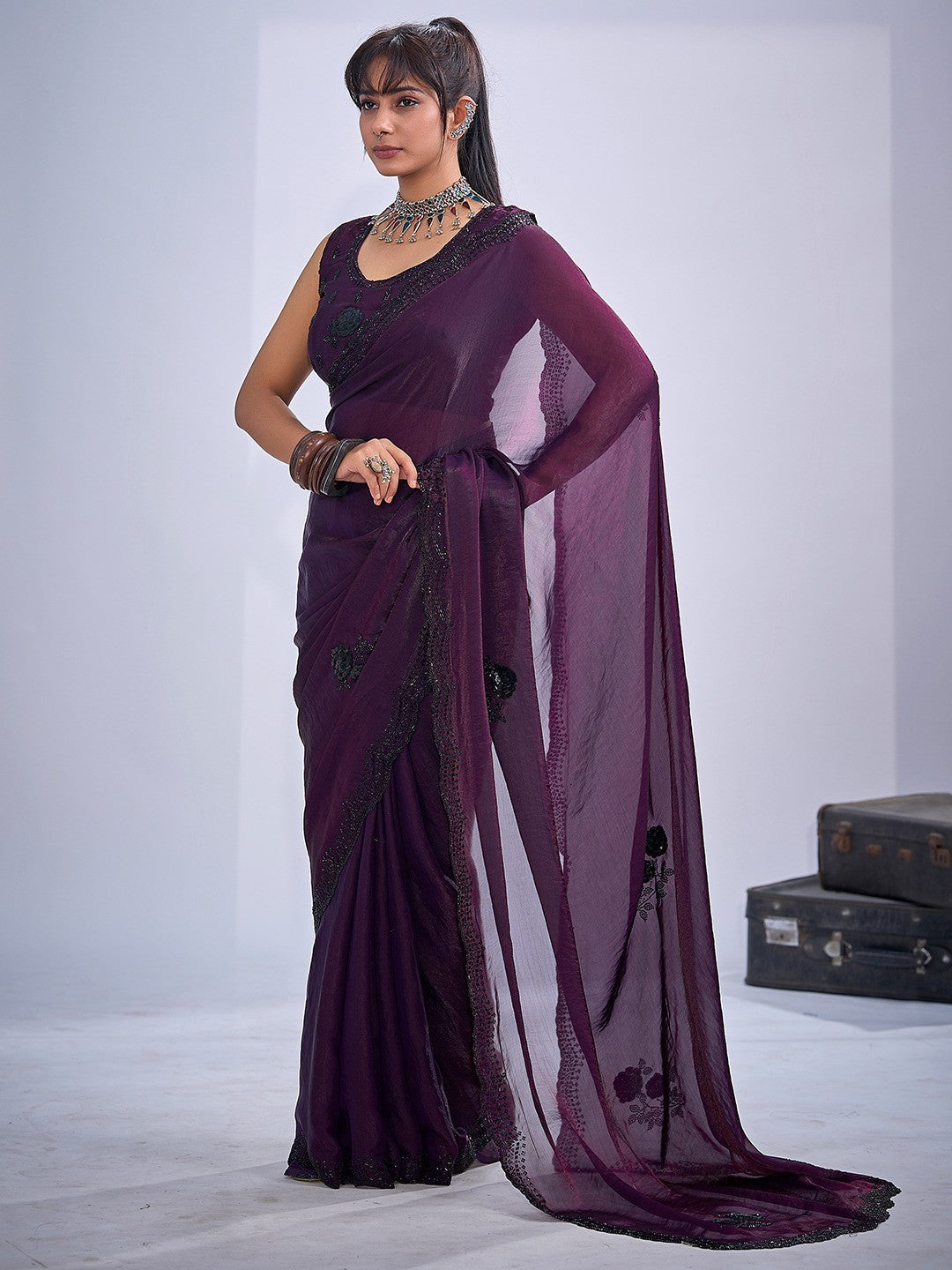 Elegant Wine Satin Silk Saree With Stonework Combined With Cut Dana & Sequin Applic Design - Image 2