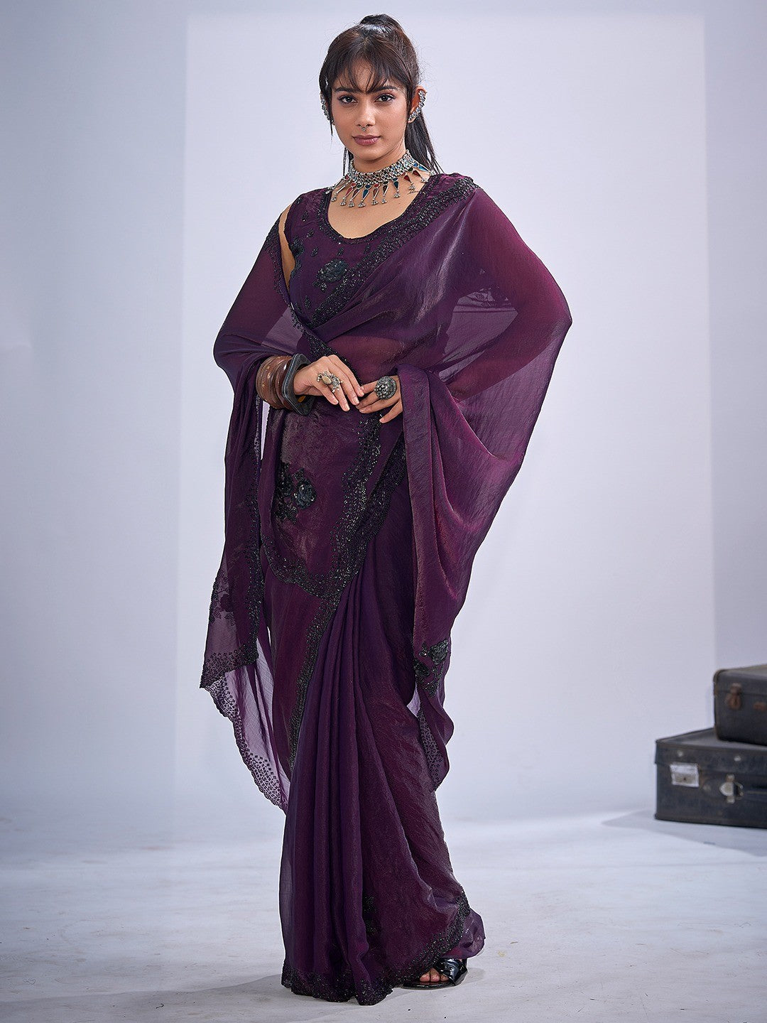 Elegant Wine Satin Silk Saree With Stonework Combined With Cut Dana & Sequin Applic Design - Image 4