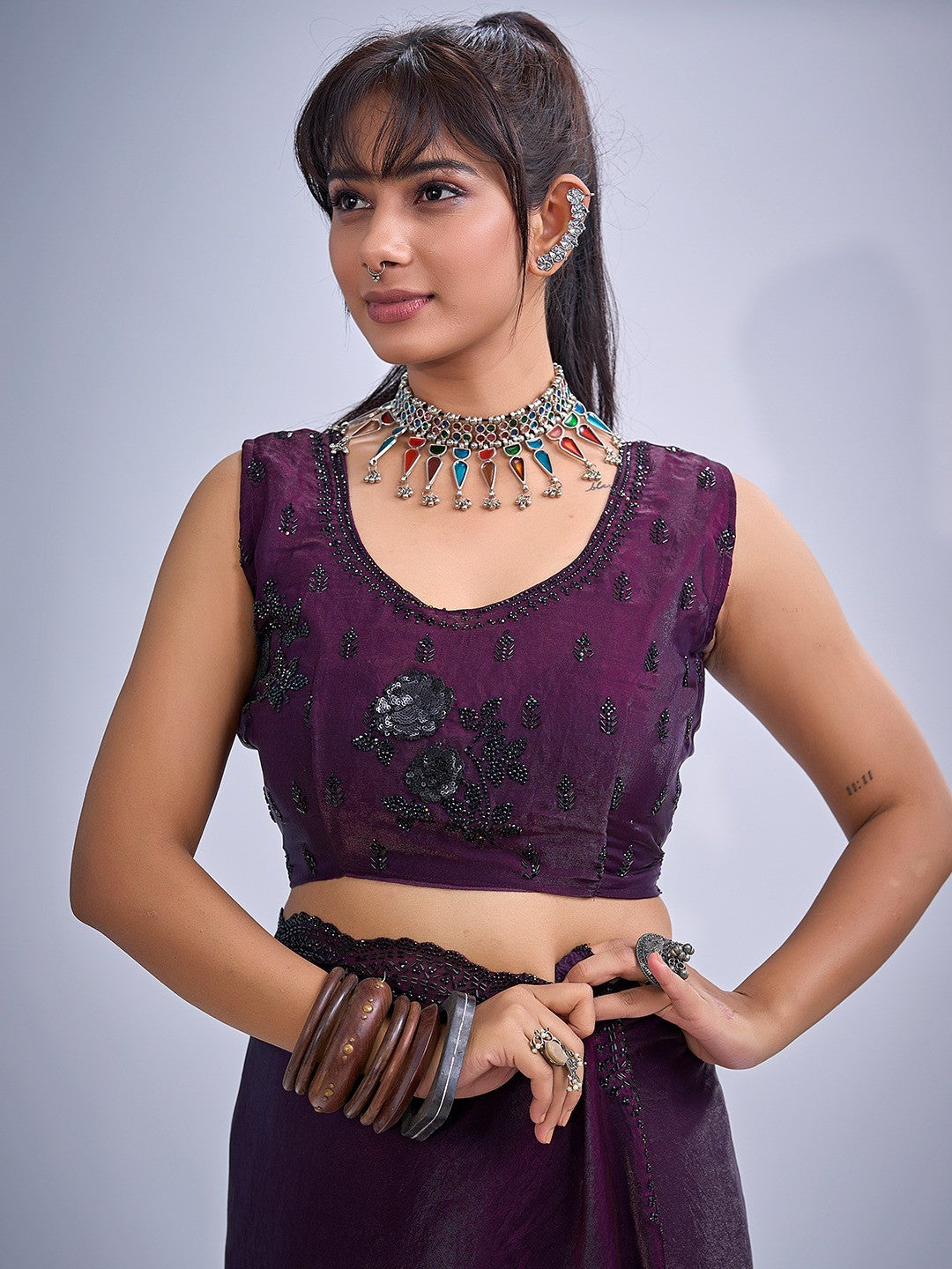 Elegant Wine Satin Silk Saree With Stonework Combined With Cut Dana & Sequin Applic Design - Image 3