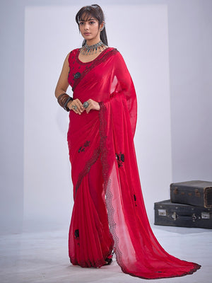 Elegant Cherry Red Satin Silk Saree With Stonework Combined With Cut Dana & Sequin Applic Design - Image 1