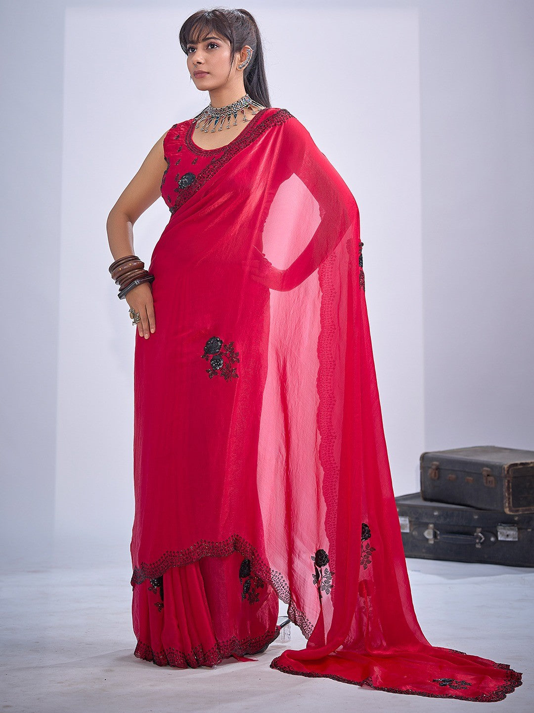 Elegant Cherry Red Satin Silk Saree With Stonework Combined With Cut Dana & Sequin Applic Design - Image 6