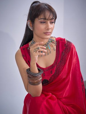 Elegant Cherry Red Satin Silk Saree With Stonework Combined With Cut Dana & Sequin Applic Design - Image 2