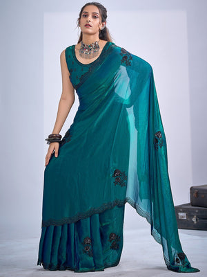 Elegant Teal Satin Silk Saree With Stonework Combined With Cut Dana & Sequin Applic Design - Image 1