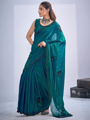 Elegant Teal Satin Silk Saree With Stonework Combined With Cut Dana & Sequin Applic Design - Image 2