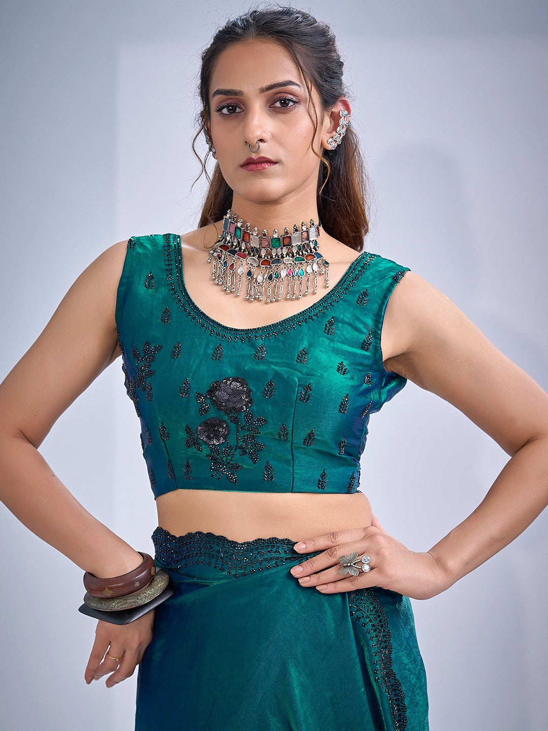 Elegant Teal Satin Silk Saree With Stonework Combined With Cut Dana & Sequin Applic Design - Image 2