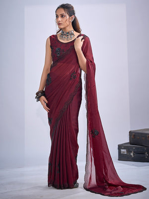 Elegant Maroon Satin Silk Saree With Stonework Combined With Cut Dana & Sequin Applic Design - Image 1