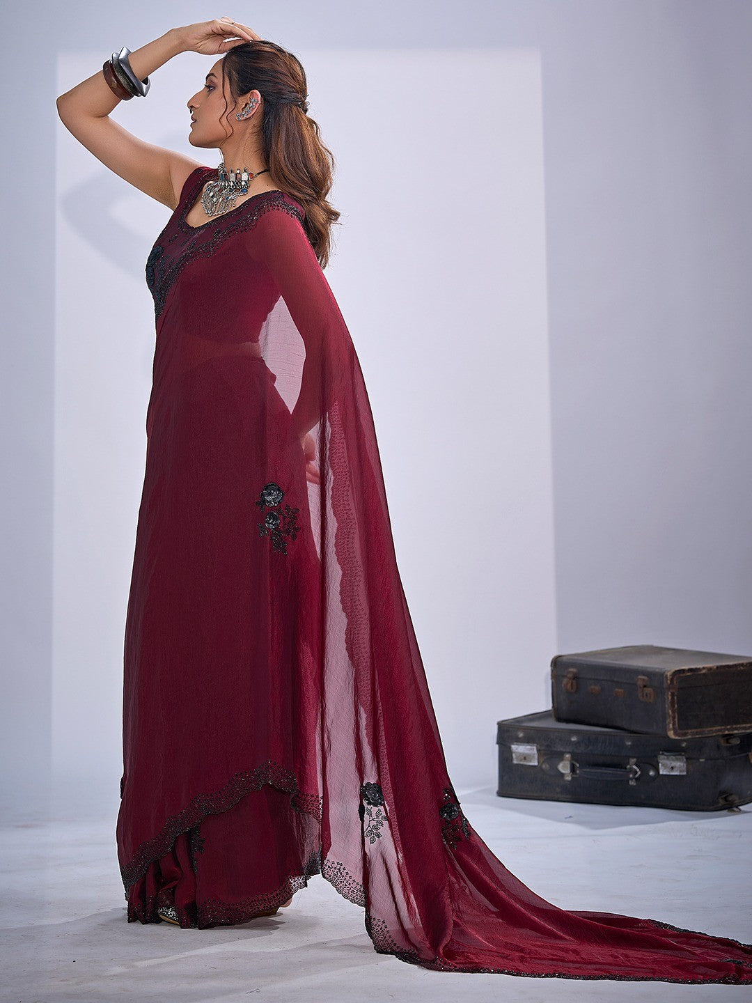 Elegant Maroon Satin Silk Saree With Stonework Combined With Cut Dana & Sequin Applic Design - Image 4