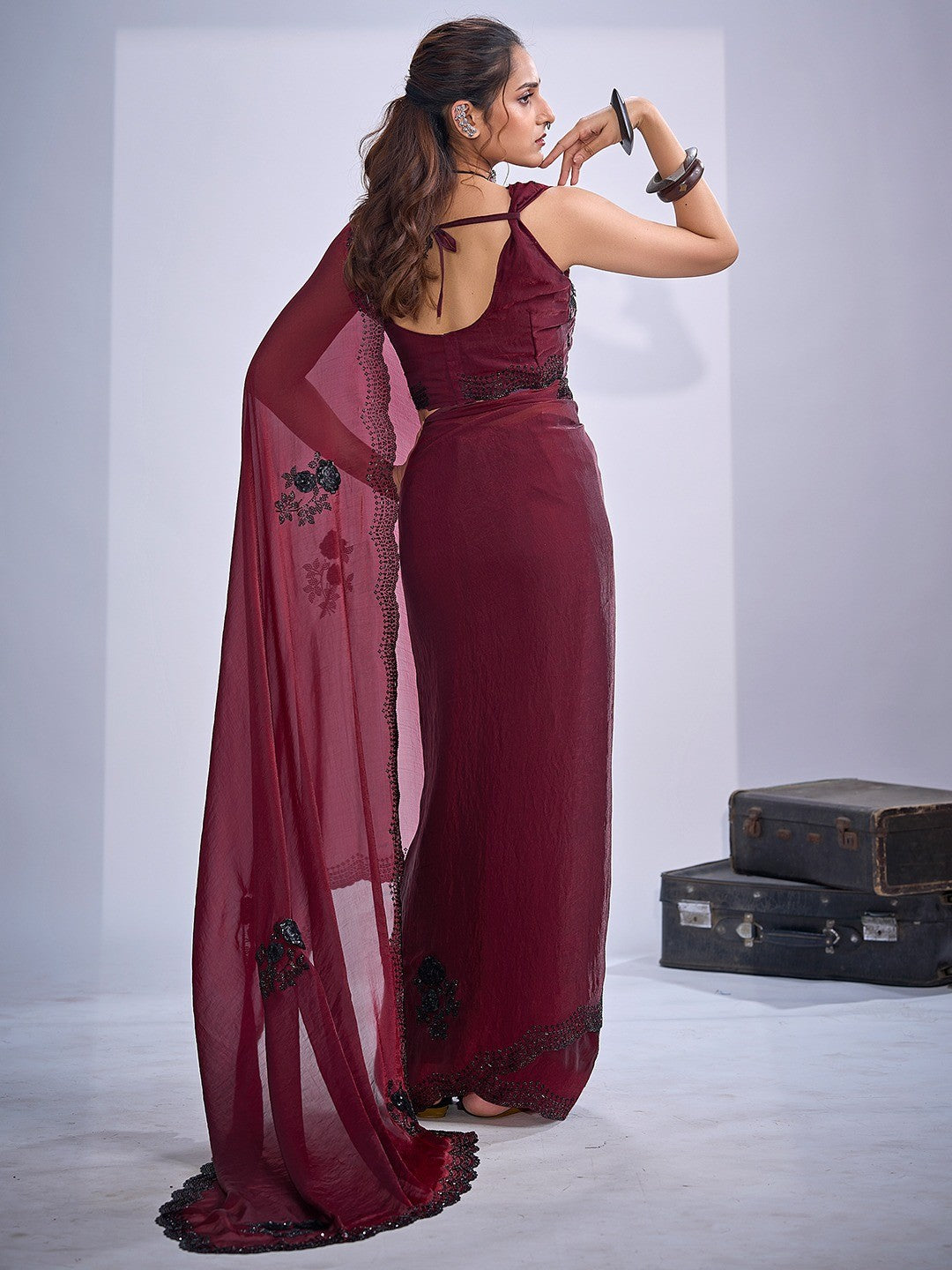 Elegant Maroon Satin Silk Saree With Stonework Combined With Cut Dana & Sequin Applic Design - Image 5