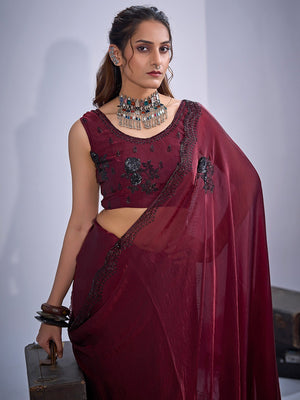Elegant Maroon Satin Silk Saree With Stonework Combined With Cut Dana & Sequin Applic Design - Image 2