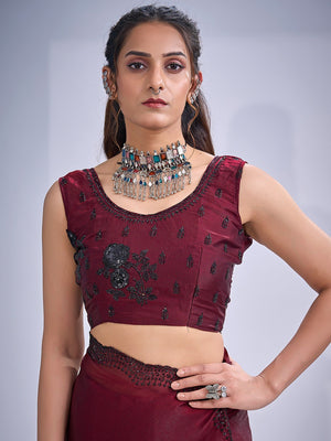 Elegant Maroon Satin Silk Saree With Stonework Combined With Cut Dana & Sequin Applic Design - Image 2