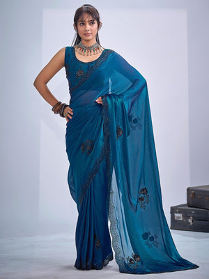 Elegant Blue Satin Silk Saree With Stonework Combined With Cut Dana & Sequin Applic Design - Image 1