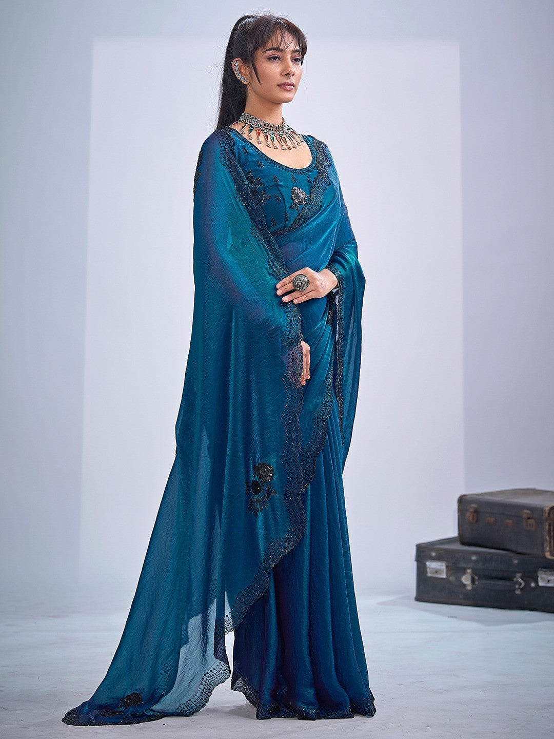 Elegant Blue Satin Silk Saree With Stonework Combined With Cut Dana & Sequin Applic Design - Image 4