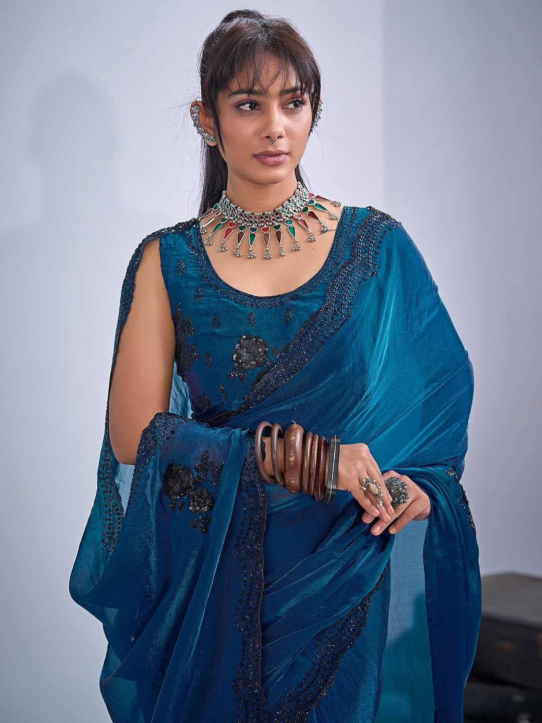Elegant Blue Satin Silk Saree With Stonework Combined With Cut Dana & Sequin Applic Design - Image 5