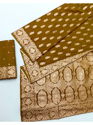 Elegant Dark Mustard Floral Zari Weaving Art Silk Saree With Graceful Traditional Craftsmanship - Image 2