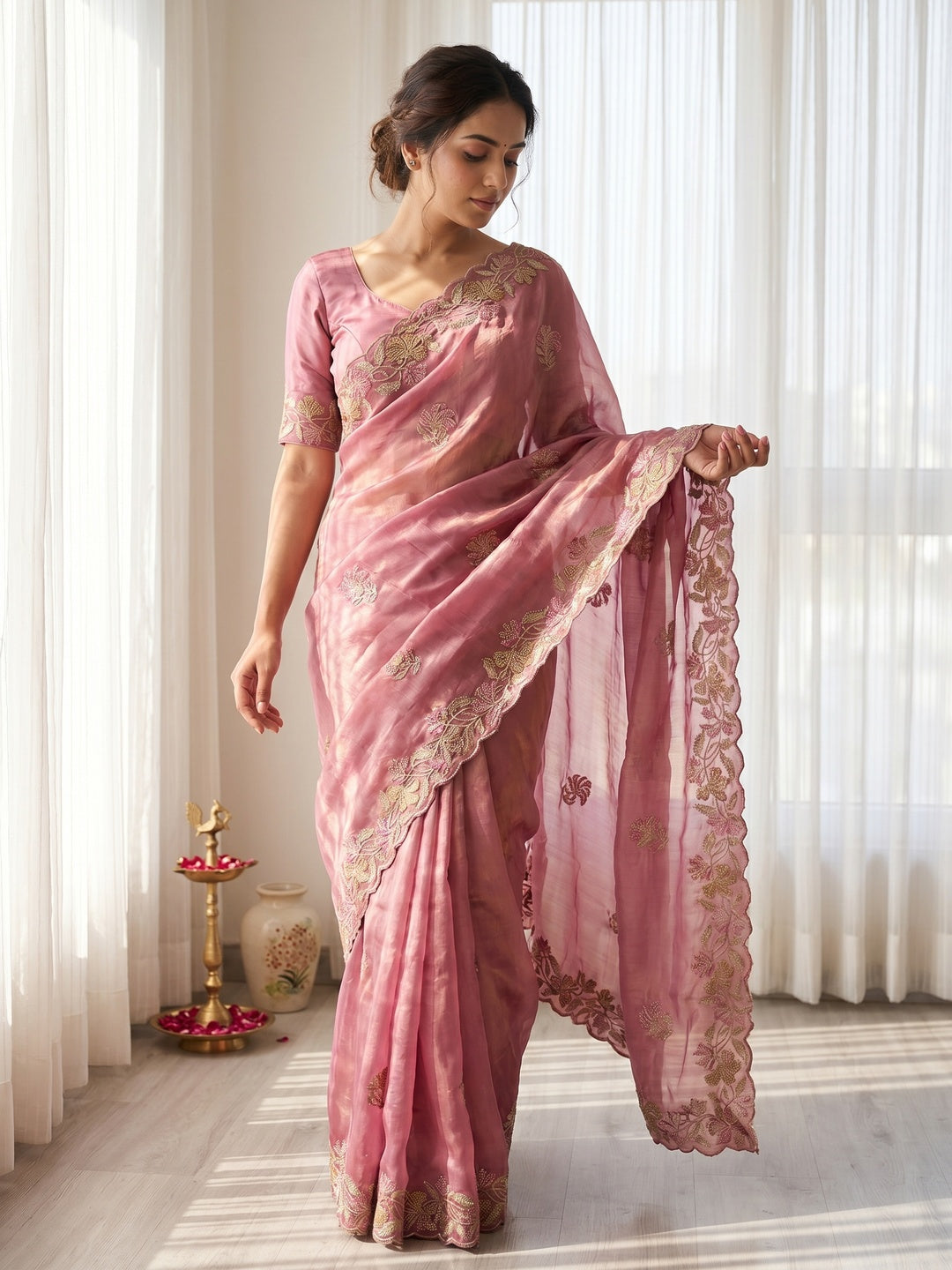 Elegant Pink Satin Embroidered Saree with Intricate Floral Motifs - Image 1