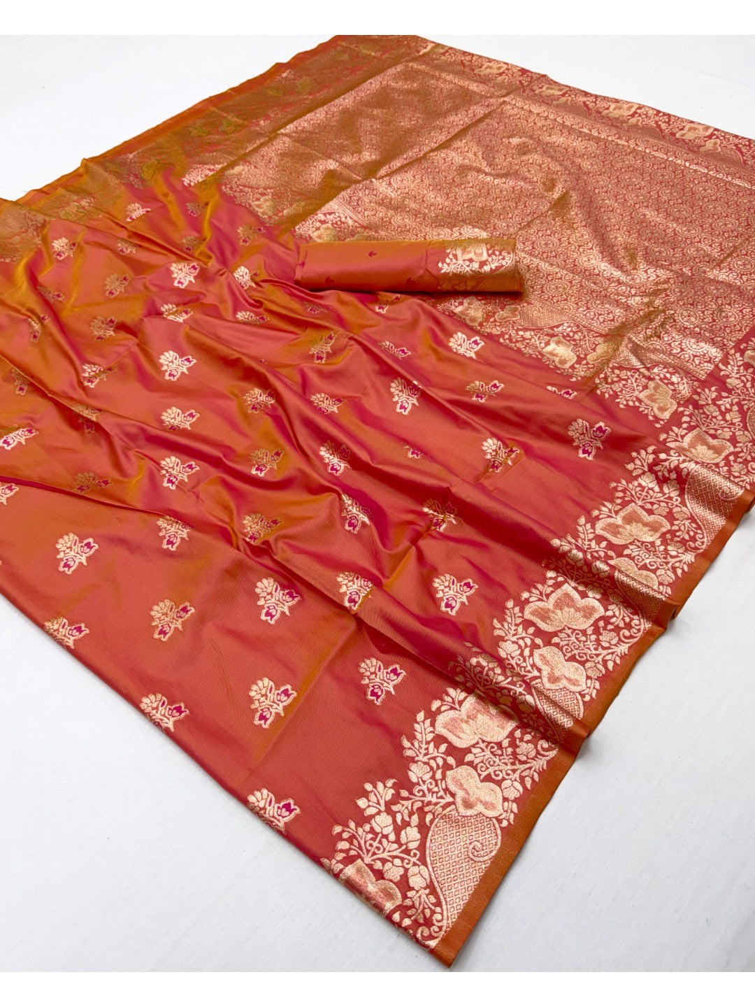 Designer Coral Pink Floral Art Silk Saree Featuring Intricate Zari Weaving Work - Image 3