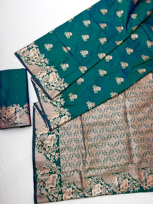 Designer Teal Green Floral Art Silk Saree Featuring Intricate Zari Weaving Work - Image 2