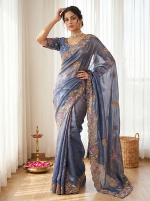 Elegant Dusty Blue Satin Embroidered Saree with Floral Details - Image 1