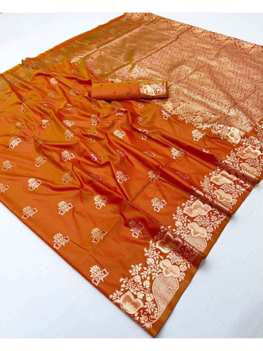 Designer Orange Floral Art Silk Saree Featuring Intricate Zari Weaving Work - Image 3