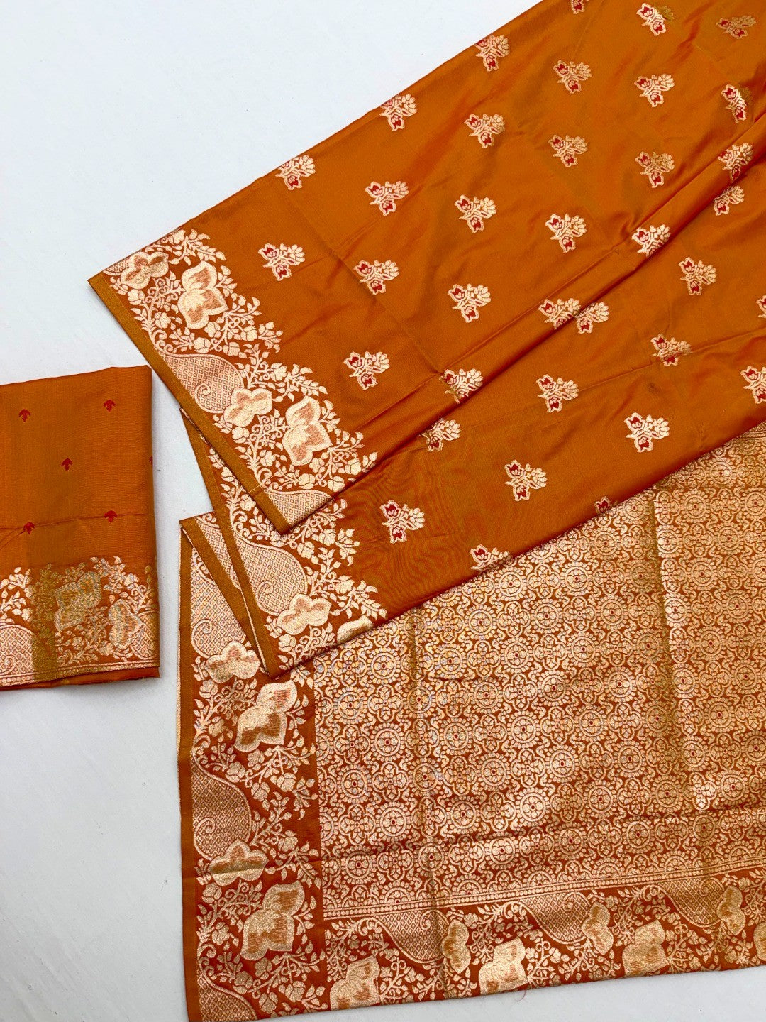 Designer Orange Floral Art Silk Saree Featuring Intricate Zari Weaving Work - Image 2