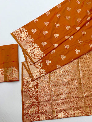 Designer Orange Floral Art Silk Saree Featuring Intricate Zari Weaving Work - Image 2