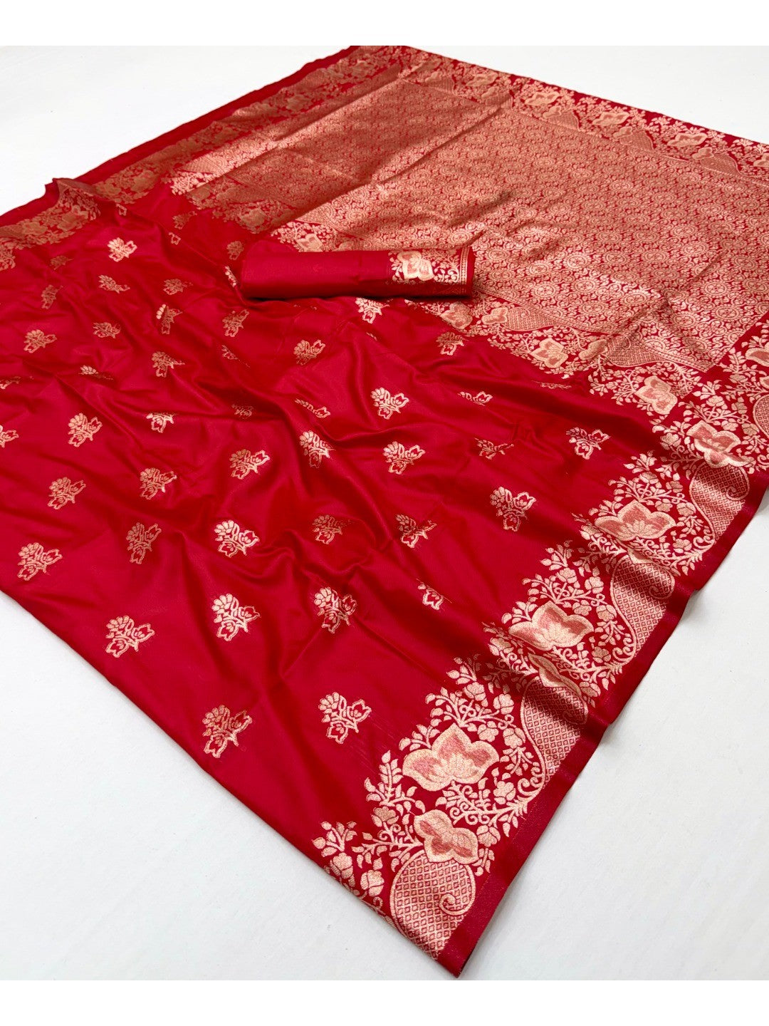 Designer Red Floral Art Silk Saree Featuring Intricate Zari Weaving Work - Image 3