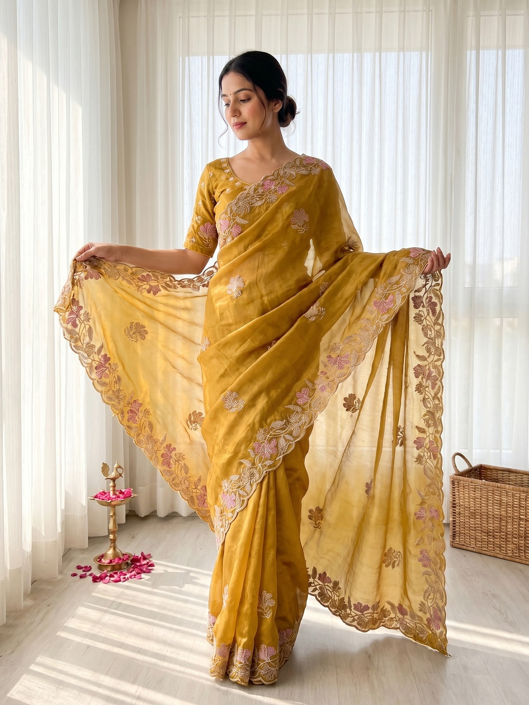 Mustard Satin Embroidered Saree with Floral Thread Work - Image 1