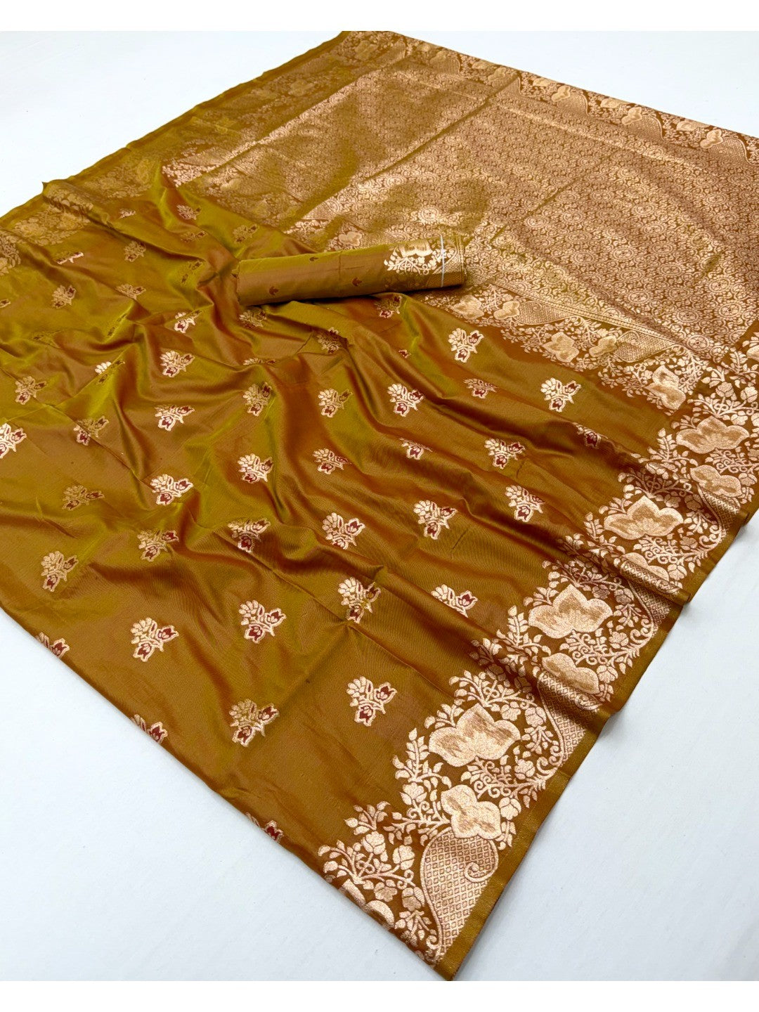 Designer Mustard Floral Art Silk Saree Featuring Intricate Zari Weaving Work - Image 3
