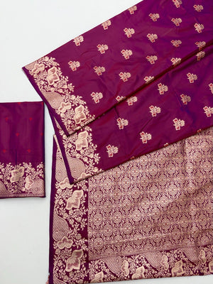 Designer Wine Floral Art Silk Saree Featuring Intricate Zari Weaving Work - Image 2