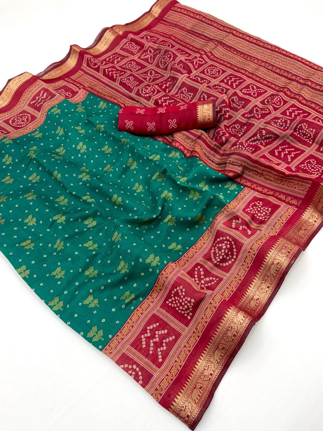 Elegant Rama Green Viscose Saree with Bandhani Print and Jacquard Border - Image 2