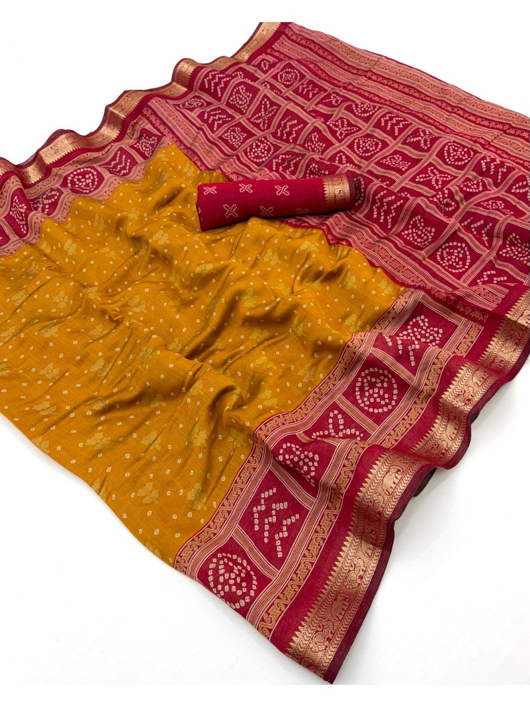 Yellow Polyster Viscos Saree with Bandhani Print and Jacquard Border - Image 3