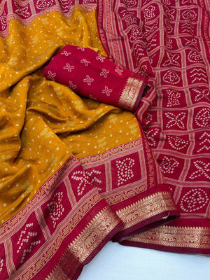 Yellow Polyster Viscos Saree with Bandhani Print and Jacquard Border - Image 2