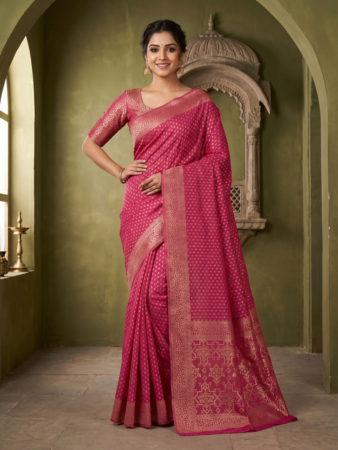 Elegant Pink Cotton Silk Saree with Traditional Zari Weaving - Image 1