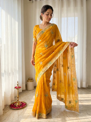Elegant Yellow Satin Saree with Designer Embroidery and Stone Work - Image 1