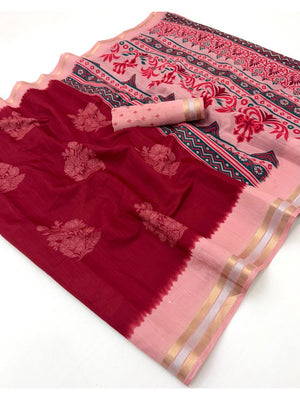 Elegant Red Pure Cotton Saree with Zari Border and Floral Print - Image 2