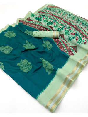 Rama Blue Pure Cotton Saree with Jari Border and Digital Print - Image 2