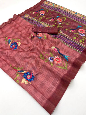 Elegant Dark Peach Pure Cotton Saree with Digital Print and Zari Border - Image 2