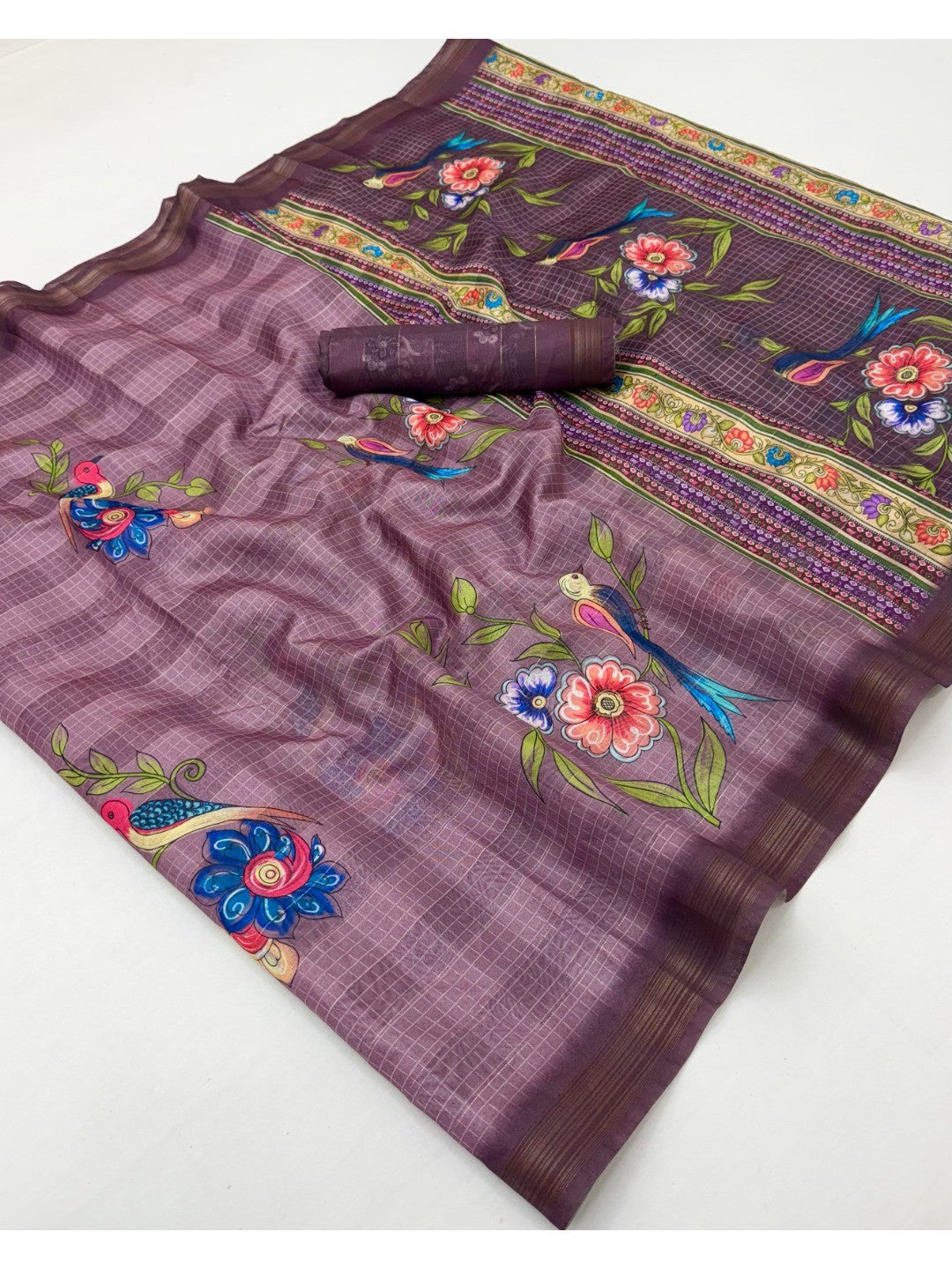 Elegant Mauve Pure Cotton Saree with Digital Print and Zari Border - Image 3