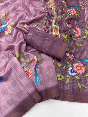 Elegant Mauve Pure Cotton Saree with Digital Print and Zari Border - Image 2