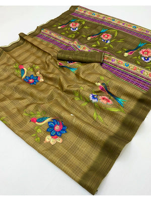 Olive Pure Cotton Saree with Digital Print and Zari Border - Image 2
