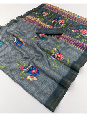 Elegant Grey Pure Cotton Saree with Digital Print and Zari Border - Image 2