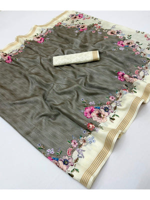 Grey Dola Silk Saree with Elegant Floral Digital Print - Image 2