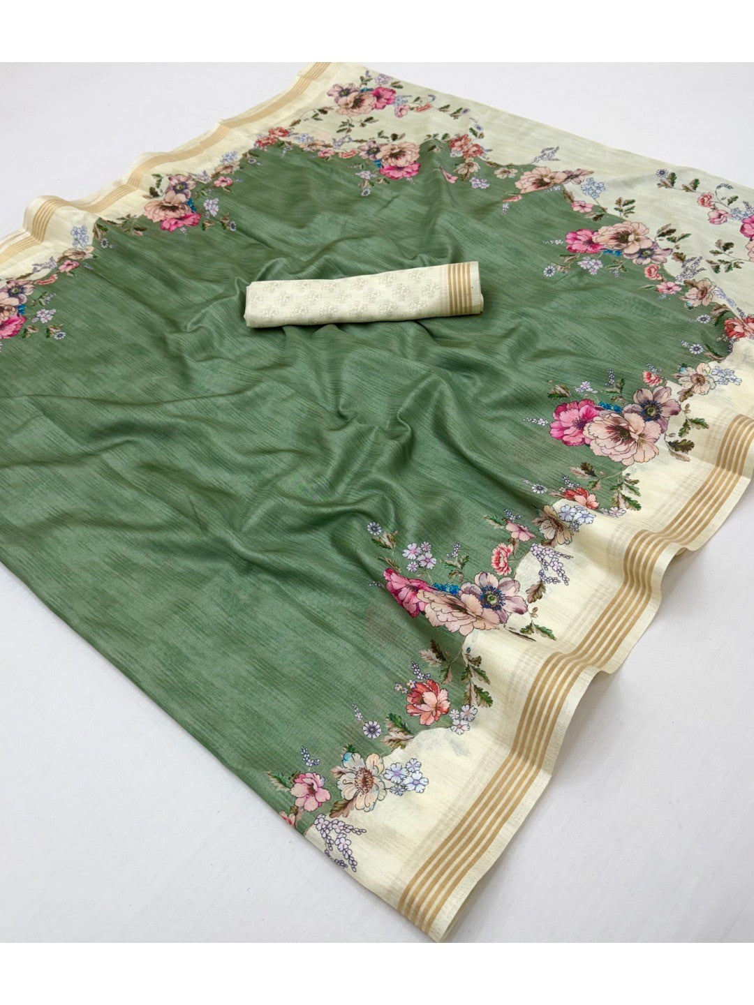 Elegant Green Dola Silk Saree with Floral Digital Print - Image 2